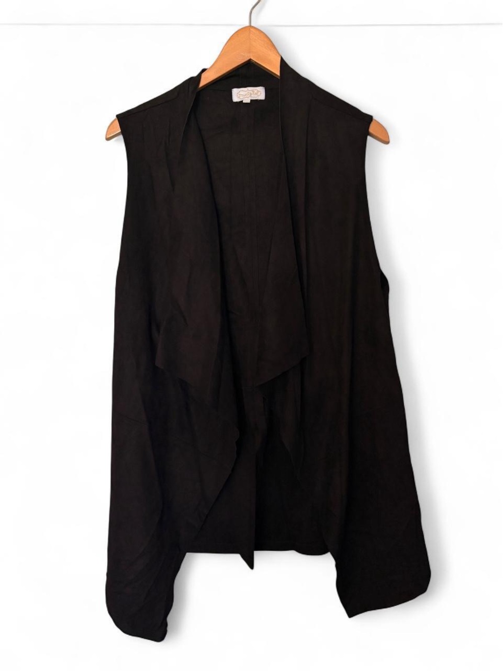 Mud Pie Black Draped Faux Suede Long Flowy Sleeveless Vest S/M Inside sizing tie